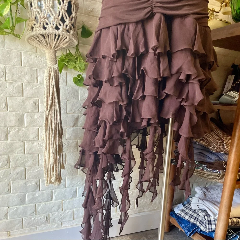 VTG Y2K BCBG MAXAZRIA Brown Ruched Halter Chiffon Ribbon Asymmetrical Dress - Picture 7 of 16